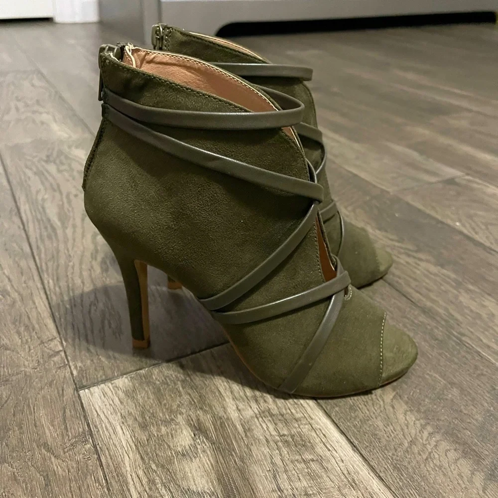 Olive Green Suede Lace-Up Heeled Booties | Open Toe Stiletto | Size 6